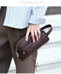 Classic solid color men's leather clutch bag, stylish casual commuter handbag for daily use.