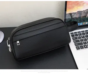 Minimalist black leather clutch bag for men, commuter casual large capacity handbag.