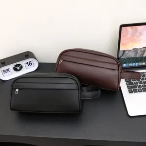 Men's large capacity leather clutch bag solid color casual business handbag simple.