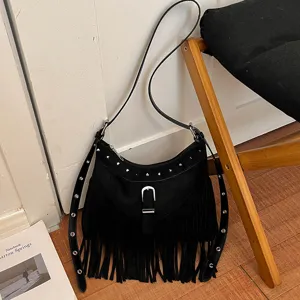 Black fringe shoulder bag women vintage suede hobo handbag with metal studs and buckle.