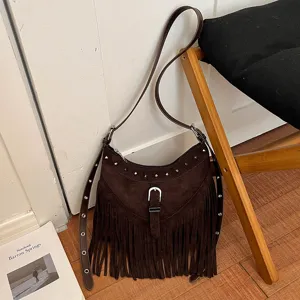 Brown suede fringe shoulder bag, retro style crossbody handbag with metal studs for women.