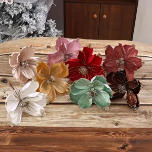 Fiore di Magnolia Artificiale di Natale Simulazione Velluto Fiore Glitterato Con Perline Per Decorazione Albero di Natale Festa Casa