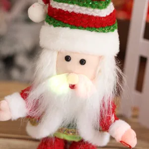 Christmas Santa doll detail view, glowing beard, plush knit festive holiday decoration toy.