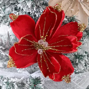 Fiore di Natale artificiale in velluto rosso decorazione glitterata ornamento albero dettaglio