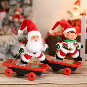 Electric Christmas Santa and Elf skateboard toys, cute holiday desktop ornaments for home decor.
