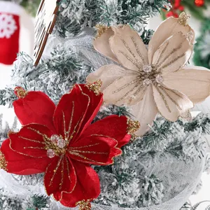 Fiori di poinsettia di Natale artificiali con glitter e strass per decorare alberi e feste.