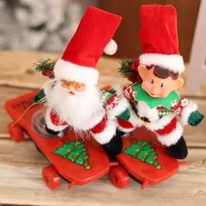 Electric Christmas Santa and Elf Doll Toys with Skateboard Base Festive Home Decor