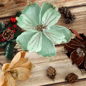 Fiori di stella di Natale artificiali in velluto glitterato decorazioni per feste natalizie