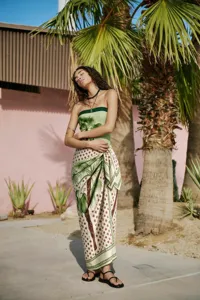 Stunning tropical palm tree print strapless swimsuit and sarong set for beach resort vacations.