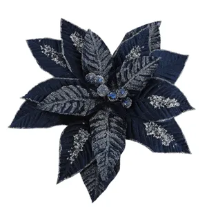 Donkerblauwe kunstmatige kerstbloem poinsettia met glitters voor de kerstboom decoratie.