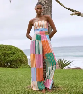 Colorful striped strapless jumpsuit for women, perfect for beach vacation and summer wear.