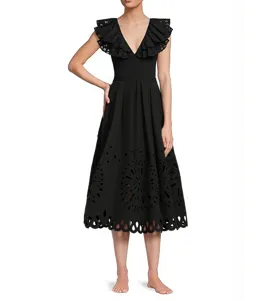 Black eyelet ruffle v-neck midi dress chic elegant summer beach resort women apparel