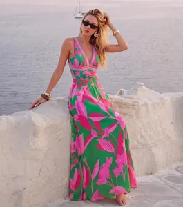 Robe longue sans manches col V imprimé floral mode plage vacances femme été nouveauté
