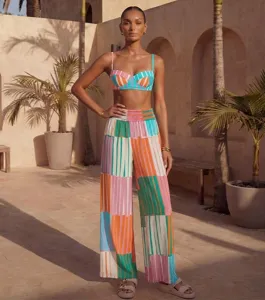 Colorful striped two-piece resort swimwear set, perfect for summer beach and vacation.