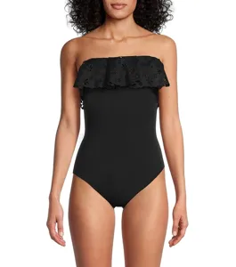 Black strapless one-piece swimsuit featuring chic eyelet ruffle design for elegant summer beachwear.