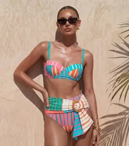 Colorful striped two-piece bikini detail, high waist swimsuit with ring strap accent.