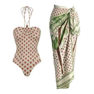 Women's Sexy Bandeau One Piece Swimsuit With Sarong Palm Tree Print Beachwear Set Strapless Halter Neck Bathing Suit