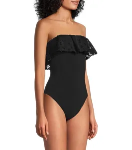 Black strapless one-piece swimsuit for women with stylish eyelet ruffle detail and classic cut.