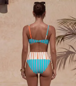 Colorful striped high waist bikini swimwear for women resort beach vacation swimsuit