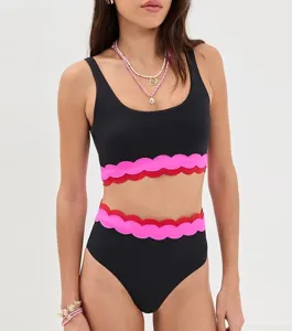 Women two-piece chic black scalloped bikini set stylish swimwear summer beach outfit