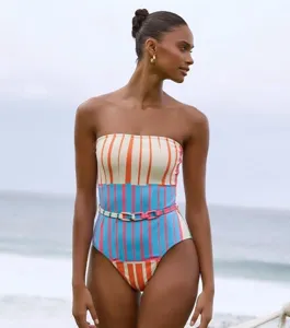 Colorful striped strapless one-piece swimsuit, perfect for summer beach vacation styles.