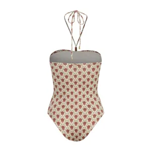 Chic halter one-piece swimsuit featuring a vintage floral print and stylish strapless cut.