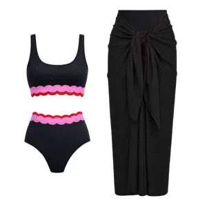 Women three-piece split swimsuit black scalloped trim bikini set with beach wrap skirt