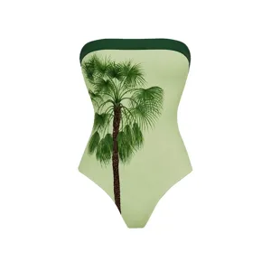 Green strapless one piece swimsuit featuring tropical palm tree print beach swimwear.