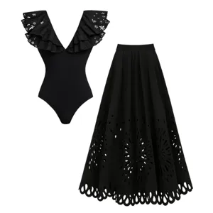 Women Sexy Black Hollow Out One-Piece Swimsuit And Laser Cut Maxi Skirt Bandeau Flounce Swimsuit Top And Bottom Vacation Bathing Suit