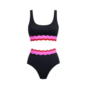Women two piece swimsuit scalloped bikini set black high waist swimwear beachwear