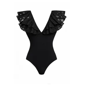 Black one-piece swimsuit detail, featuring eyelet embroidered ruffle V-neck design.