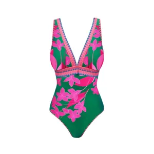 Maillot de bain une pièce femme imprimé floral col V plage vert rose tropical élégant