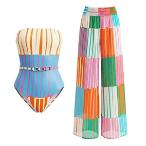 Colorful striped strapless one-piece swimsuit and beach trousers set for summer.