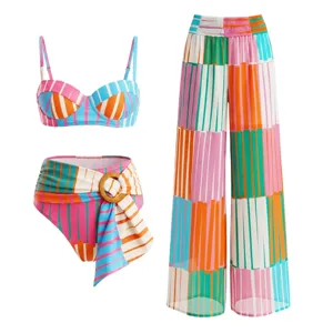 Colorful striped three-piece bikini set with high-waist pants and ring detail beachwear.