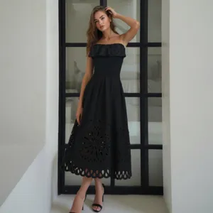 Elegant black strapless cutout resort wear swimsuit dress for women beach vacation.