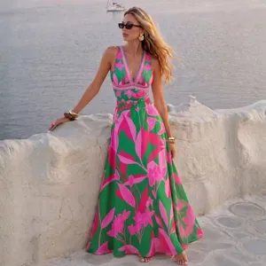 Robe longue femme imprimé floral col V maillot de bain plage tenue de vacances chic