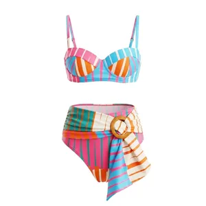 Colorful striped bikini set detail, high waist bottom with ring buckle and vibrant hues.