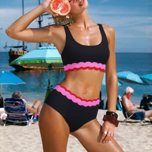 Trendy women's two-piece bikini swimsuit with cute scalloped contrast trim for beach vacation.