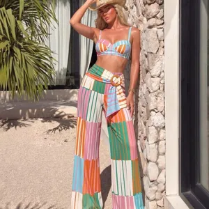 Women's Colorful Striped One-Piece Swimsuit Beach Pants Set Strapless Bathing Suit With Belt For Summer Vacation