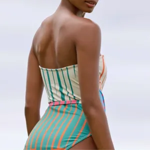 Women strapless colorful striped one piece swimsuit sexy back view beach vacation swimwear