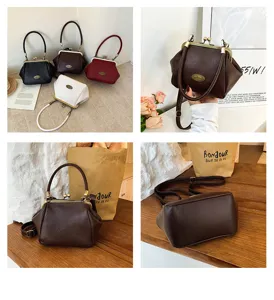 Retro kiss lock shoulder bag for women, PU leather vintage crossbody handbag, mini top handle purse