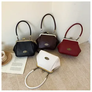 Women fashion retro kiss-lock handbag solid color PU leather mini shoulder bag detail display