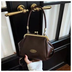 Women vintage brown kiss-lock shoulder bag retro crossbody mini purse elegant style
