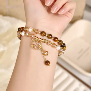 Bracciale doppio strato fatto a mano occhio di tigre perla con ciondolo pianeta.