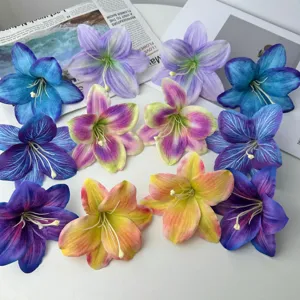 Artificial silk lily flower head detail, vibrant colorful gradient petals for DIY crafts.