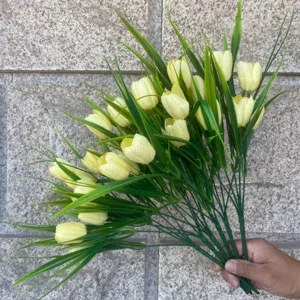 Artificial yellow tulip bunch fake flowers green grass for outdoor garden mall decor
