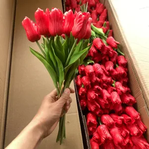 Artificial red PU tulip flowers bunch, realistic fake floral for home decor and wedding party.
