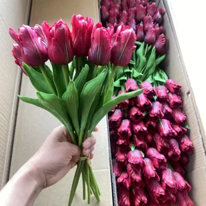 Artificial PU tulip flower detail shot, lifelike dark red floral bouquet for home decor.