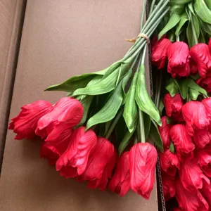 Artificial red PU tulip flower bunches for home decoration and wholesale supply.