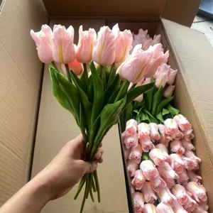 Detailed view of artificial pink PU tulips bouquet, realistic touch flower for home decor.